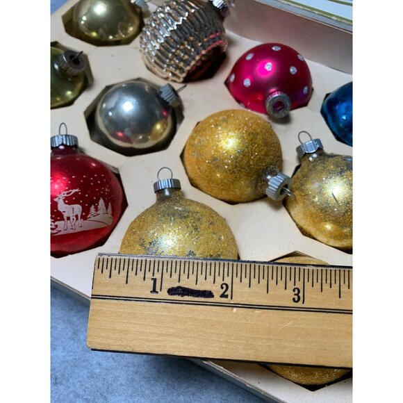 Vintage Shiny Brite 12 Glass Christmas Ornaments Gold Red Blue Silver Polka Dots - Picture 6 of 11